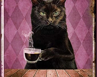 Panneau "Chat noir" au look vintage Je déteste les gens avant et après le café