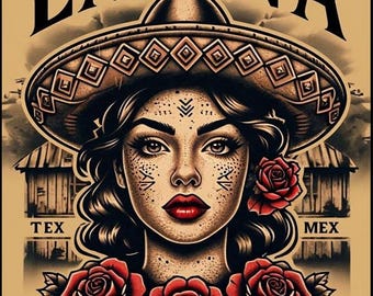 Latina TexMex Mexican Woman with Roses Metal Poster Sign