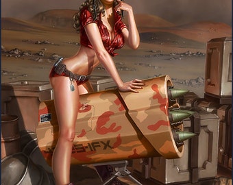 Póster de aluminio de una chica del ejército del desierto con artillería
