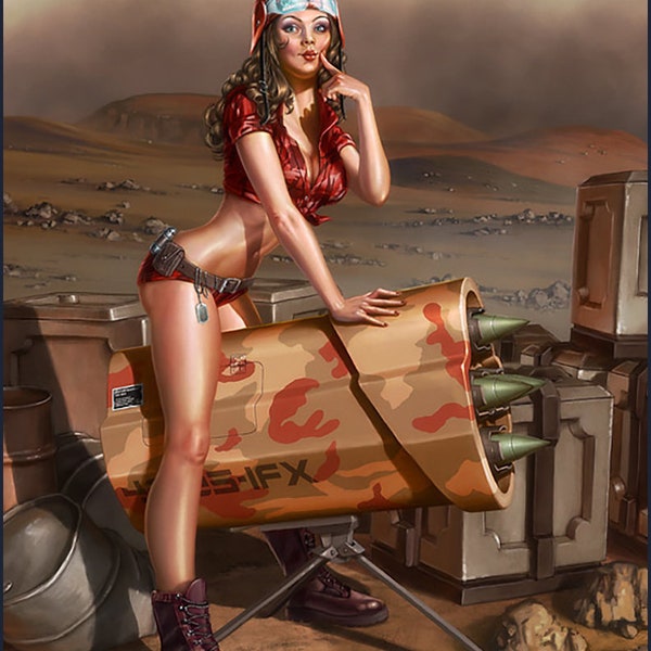 Desert Army Girl with Artillery Aluminum Pin Up Poster