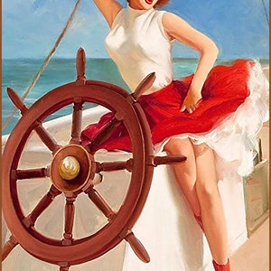 Sailor Girl - Gil Elvgren Pinup Girl at Helm Metal Plate 12&quot; x 8&quot; 1950s