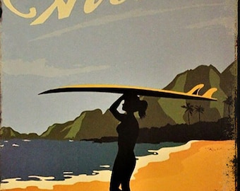 Aloha Hawaii Island Surfing Girl avec planche de surf Poster mural en métal décoratif