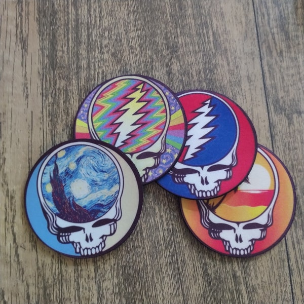 Set of 4 Grateful Dead Hot Cold Deadhead Stealie Coasters Non-Slip Steal Your Face Drink Mats for Can, Coffee, Cup, Glass