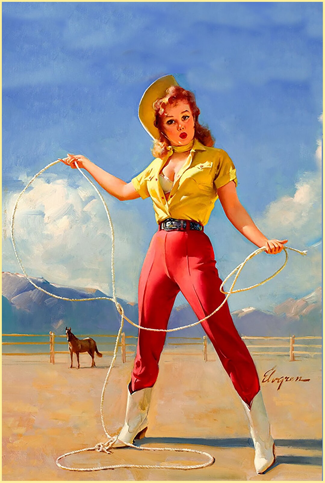 Gil Elvgren Stop Sign ピンナップアート 額装 Metal Sign Poster Cowgirl With Lasso Classic Elvgren Pinup - Etsy