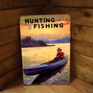 Fishing Angler Enthusiast Art Sign - 1939 Hunting and Fishing Magazine Cover Vintage Antique Replica