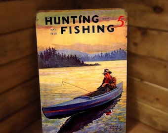 Fishing Angler Enthusiast Art Sign 1939 Hunting and Fishing Magazine Cover Vintage  Antique Replica 