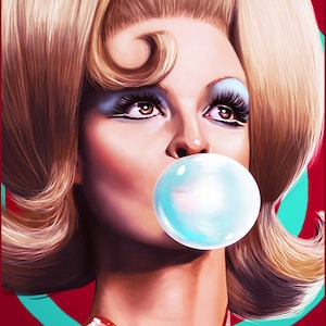 May include: A woman with a large, blonde bouffant hairstyle blows a bubble with blue bubble gum. She is wearing a sparkly red and white top with a swirling pattern.