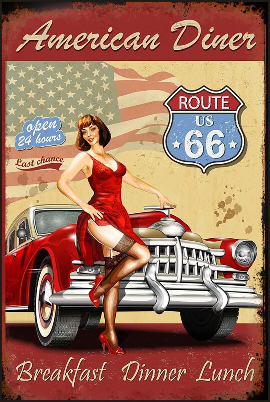 Classic Route 66 American Diner Pinup Girl Metal Sign Poster
