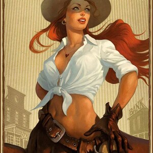 Wanted Cowgirl Redhead Pinup Girl Metal Sign Poster, 12 x 8 inches