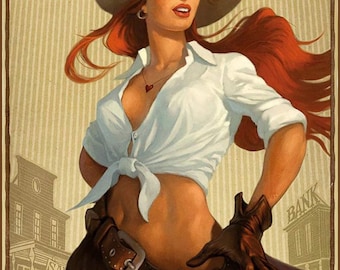 Affiche en métal Wanted Cowgirl, pin-up rousse, 30 x 20 cm (12 x 20 po.)