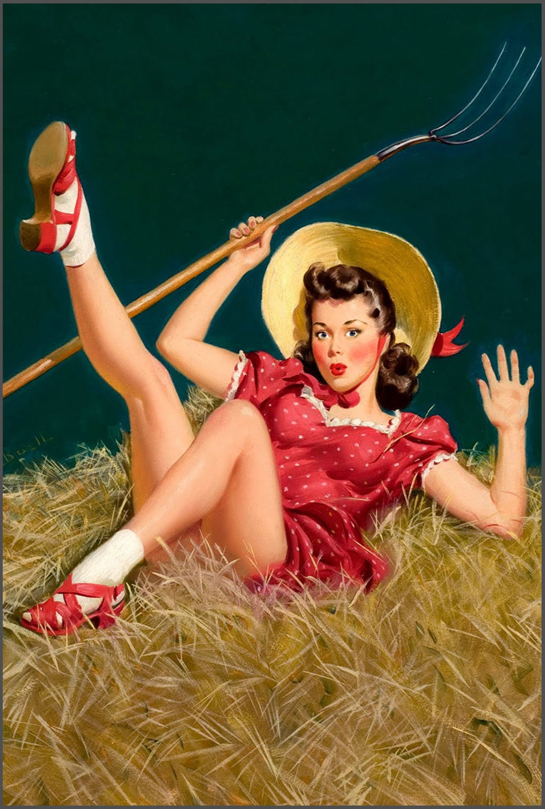 Al Buell Metal Plate Print Vintage Farmgirl Pinup Roll in the Hay 1950s