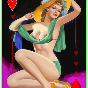 Peter Driben 1950s Pinup Girl Styled 3 of Hearts Playing Card Metal Sign 12 x 8 inches