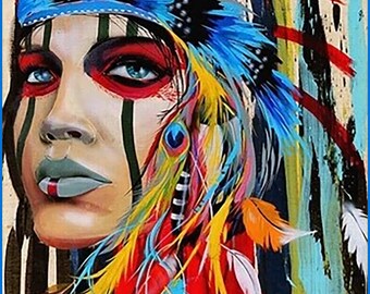 Enseigne en métal Native American Woman in Head Dress, peinture tribale, pop art