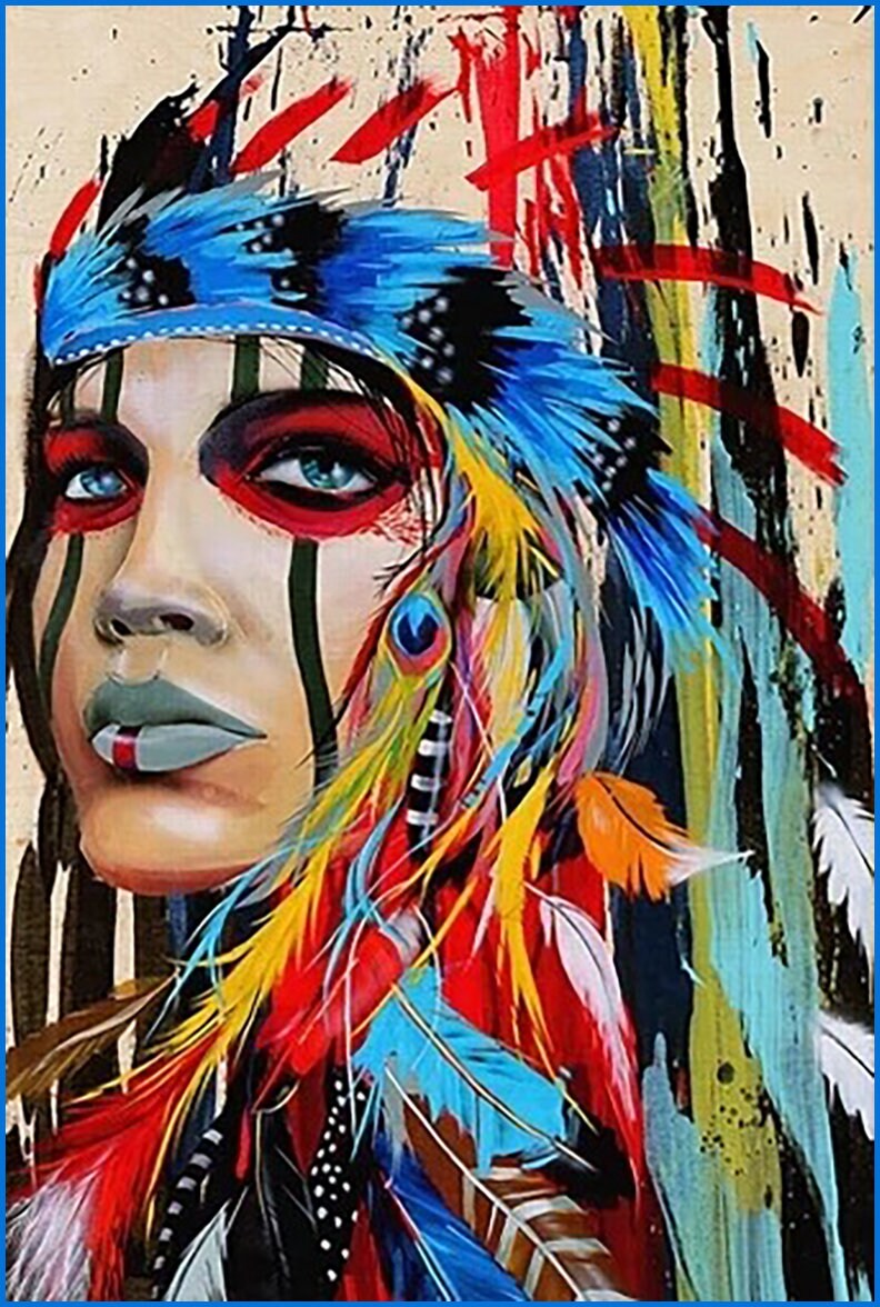 Native American Woman in Head Dress Tribal Paint Pop Art