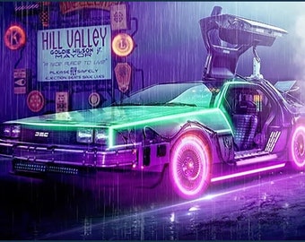 May include: A futuristic, silver and green car with a glowing pink light around the wheels. The car is driving through a rainy street with a sign that reads "Hill Valley Goldie Wilson Jr. Mayor A Nice Place To Live Please Fly Safely Election Seats Save Lives" in the background.