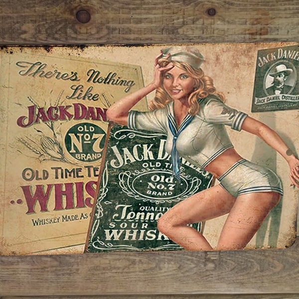 Tin Sign Sailor Jack Pinup Girl Old Time No. 7 Whiskey Metal Bar Sign