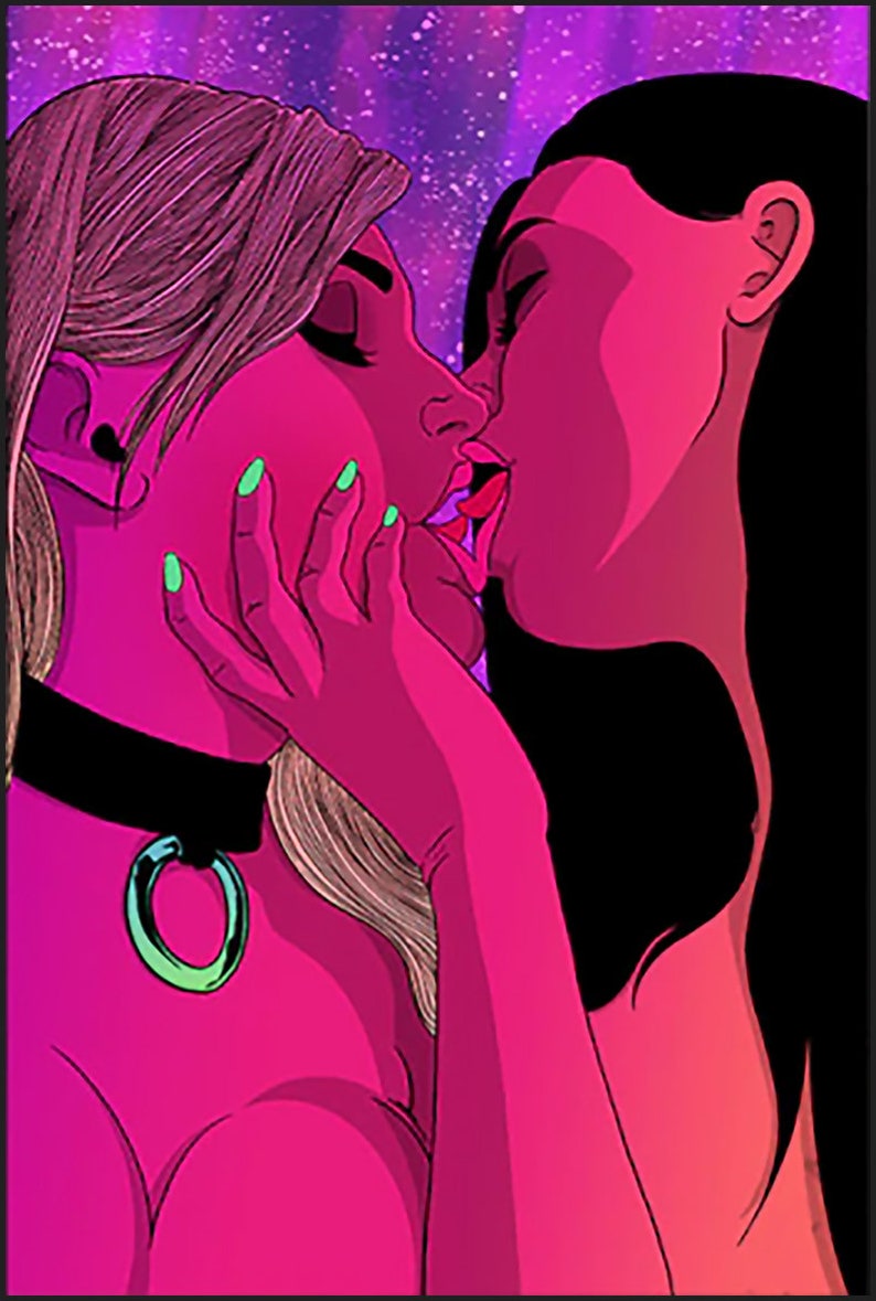 Erotic Comic Art Girls Kissing Metal Sign image 1