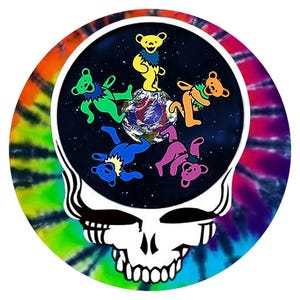 May include: A circular sticker featuring a white skull graphic with a black space background inside the cranium. Four colorful dancing bears in yellow, green, orange, and pink surround a central globe. The background is a vibrant tie-dye pattern.