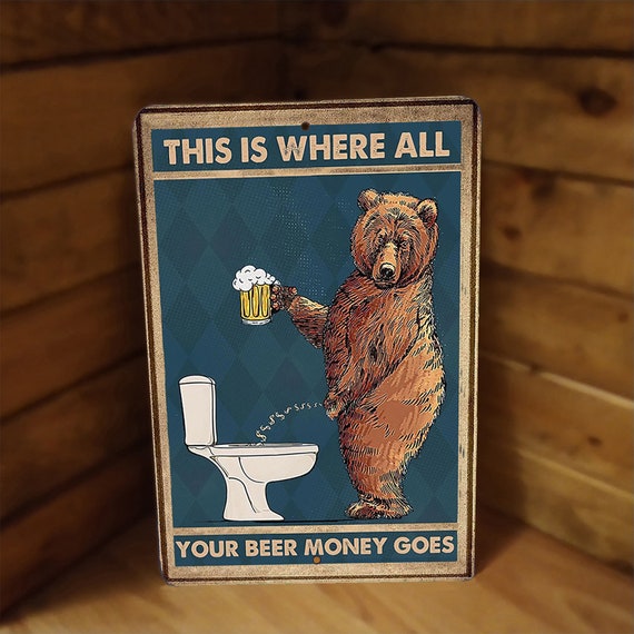 Cartello In Latta Vintage Orso Al Bagno - Poster Retrò 20x30 Cm - Arredamento Da Parete Per Casa, Bar, Fattoria - Regalo Simpatico