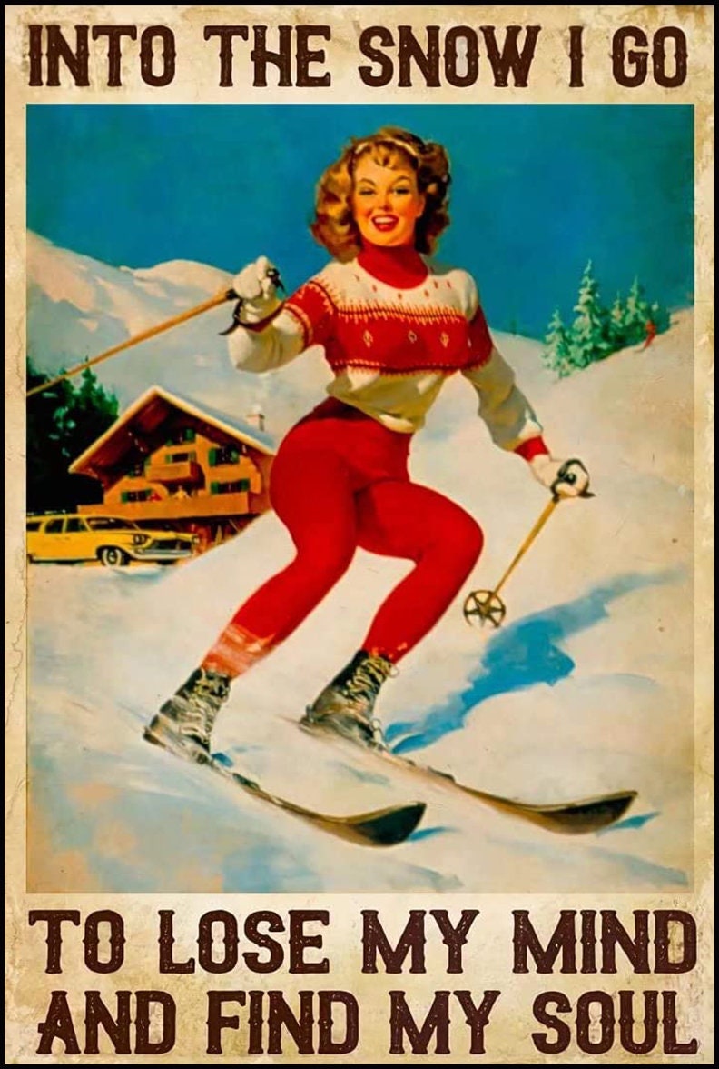 MISHKA SKINNER 描き下ろしポスター Retro Ski Lodge Metal Art Print, 1960s Snow Bunny Poster (12x8