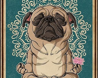Letrero metálico con diseño de perro carlino zen, arte de loto
