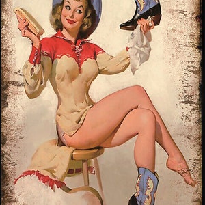Boot Shine Pin Up Cowgirl Guitar Retro Vintage Style Metal Sign Elvgren