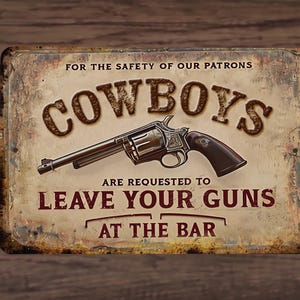 May include: A vintage-style metal sign with a rustic brown background and faded white text. It reads "FOR THE SAFETY OF OUR PATRONS COWBOYS ARE REQUESTED TO LEAVE YOUR GUNS AT THE BAR". A black revolver with a silver barrel is pictured in the center.