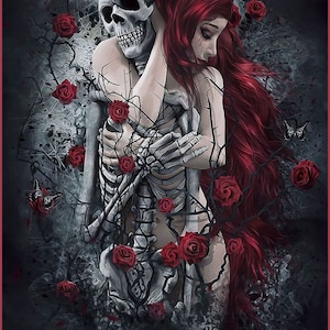 Eternal Love: Red Hair Women with Roses and Skeleton Metal Plate Art Print Poster