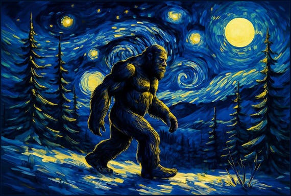Bigfoot Starry Night Van Gogh Inspired Northwest Sasquatch Edition