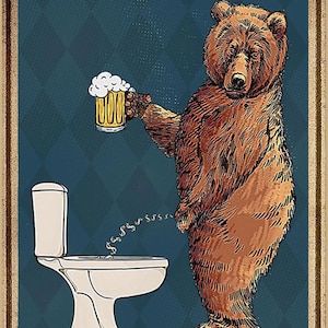 Affiche de signe de bière d'ours de salle de bains C'est là que va votre argent Art de bain de toilette image 1