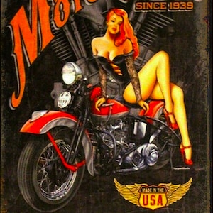 Metal Sign Motorhead Motorcycle Garage Twin V Redhead Pinup Girl 12 x 8 inches