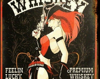 Plaque en métal Sin City Whisky Las Vegas Cowgirl Pin-up Look vintage 30 x 20 cm (12 x 20 po.) Plaque en aluminium