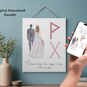 Puede incluir: Un paquete de descarga digital con temática de boda. La obra de arte representa a una pareja, una novia y un novio, con el texto "Elegí entrar en un matrimonio feliz en este nuevo año". La imagen también incluye las letras P y X.