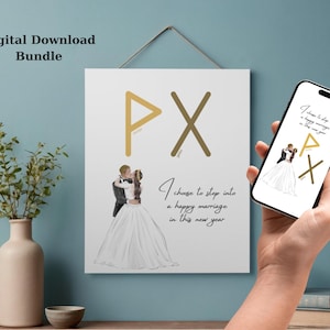 Puede incluir: Una impresión blanca con el texto "Elegí entrar en un matrimonio feliz en este nuevo año" y las letras PX. La imagen también muestra a una pareja abrazándose. Un teléfono muestra la misma imagen. Las palabras "Paquete de descarga digital" están en la parte superior.