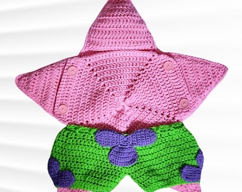 Handmade Crochet Baby Outfit Pink Sea Star Cocoon and Green with Purple Accents Short Pants - 0 to 3 months Baby Shower Photography Props