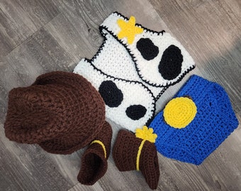 Handmade Crochet Baby Set Photography Props, Woody Toy Story Inspired Newborn Boots, Diaper Cover, Vest and Cowboy Hat, Baby Shower Gift