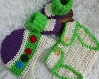 Handmade Crochet Baby Set: Buzz Inspired Beanie, Diaper Cover & Booties
