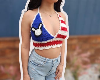 Handmade Crochet Red and White Puerto Rico Flag Bikini Top, Festivals and Concerts Outfit Idea, Pick your blue