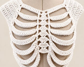 Handmade Crochet White Skeleton Top, Gothic Bone Crop Top, Alt Fashion Festival Clothing