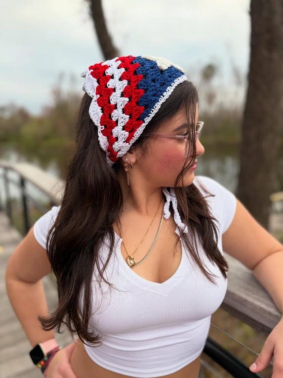 Handmade Crochet Bandana: Patriotic Puerto Rico USA Hair Accessory