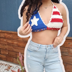 Handmade Crochet Puerto Rico Flag Inspired Bikini Top, DTMF Concert Outfit Idea, Red, White and Blue Patriotic Top