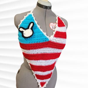 Handgemaakt haakwerk I Love Puerto Rico hartvormige haltertop, DTMF-idee voor concertoutfit, rode, witte en blauwe top