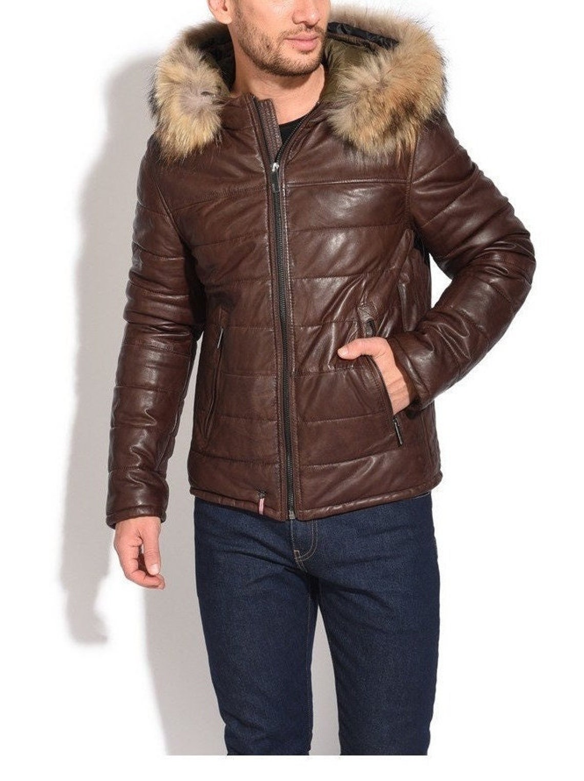 Men's Puffer Down Hooded Brown Leather Jacket / Brown Etsy UK