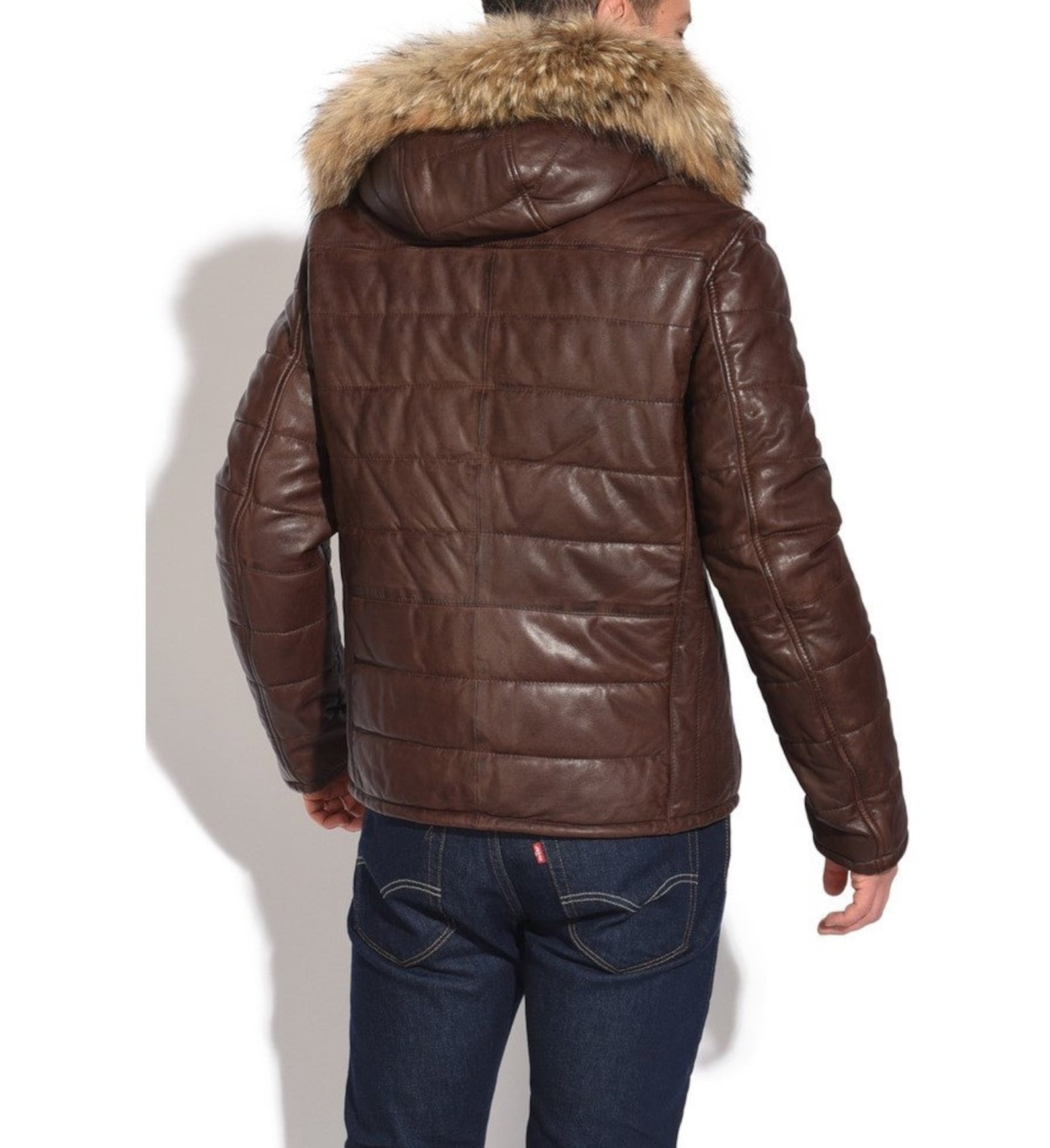 Men's Puffer Down Hooded Brown Leather Jacket / Brown Etsy UK