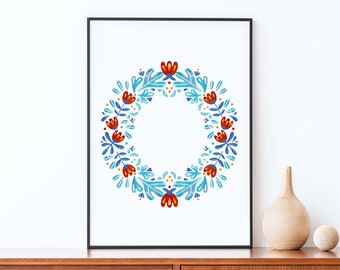 Norwegian Folk Art Print Wreath, Hygge Printable Wall Art, Modern Home Decor Gift Inspired by Nordic Swedish Polish Scandinavian Folk Art