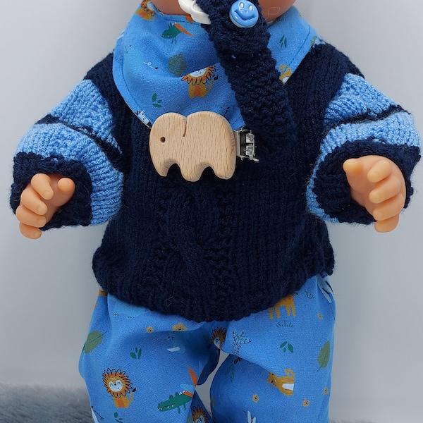 Doll clothes 43 cm, 5-piece set - trousers, scarf, knitted sweater, pacifier chain and hut socks