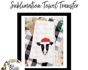 Christmas Towel Transfer - Ready To Use Sublimation Transfer - XMT025 - Ready to Press - Tumbler Sublimation Transfer - Cow Christmas Towel