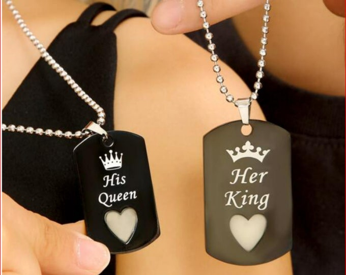His Queen Her King Couple Necklaces Pair, Handmade Love Necklaces For Couple, His & Hers Matching Jewelry, Her Anniversary Gift For Him