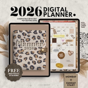 May include: A digital planner for 2026, displayed on two tablets. One tablet shows a leopard print cover with the word "Planner" and the year. The other tablet displays a calendar layout with stickers. The image includes the text "Compatible with any PDF editing apps."
