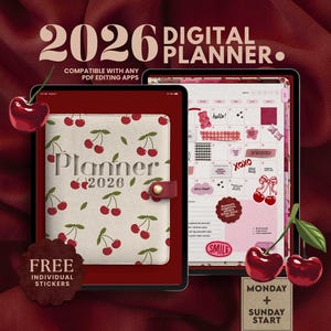 May include: Digital planner for 2026, displayed on a tablet. The planner cover features a cherry pattern and the text "Planner 2026." The digital planner includes stickers and a calendar. The background is a deep red fabric.